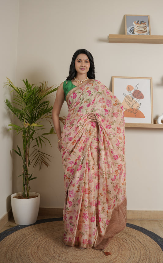 Flower Print Chinoon Crape Saree