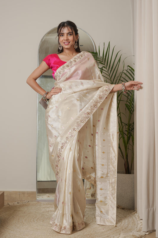 Designer Cheeku Ivory Banarasi Silk Saree