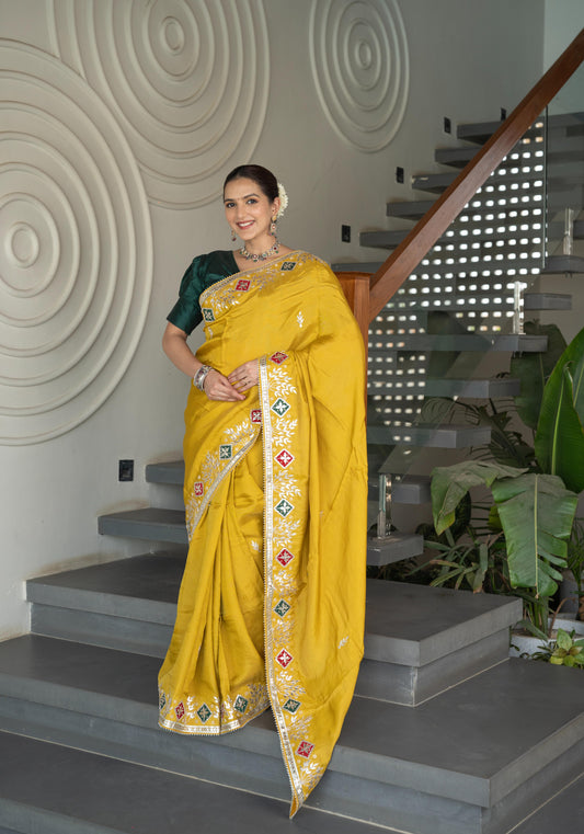 Designer Mustard Upara Silk Saree