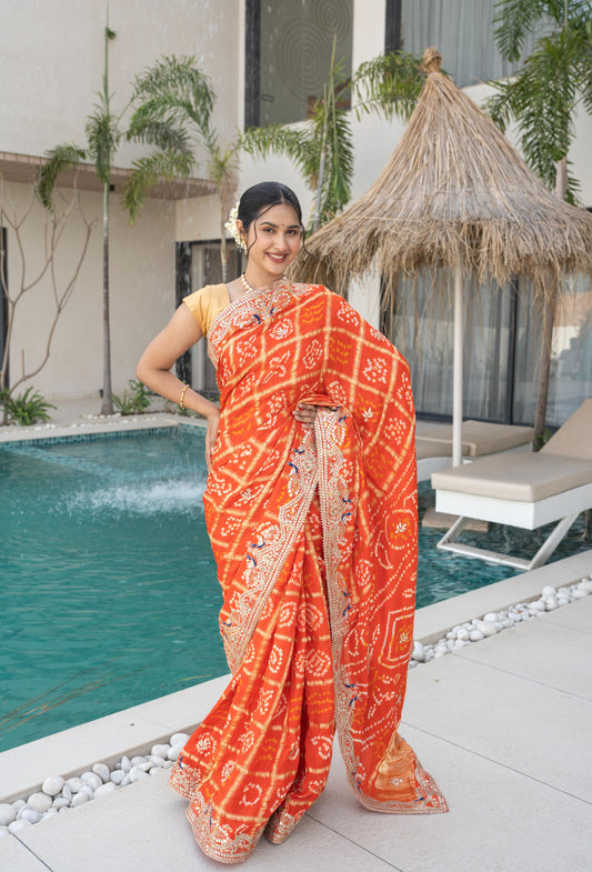 Designer Rust Orange Ghatchola Gajji Silk Saree