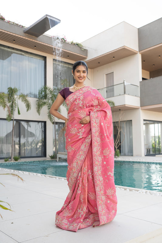 Mauf Pink Banarasi Tissue Silk Saree