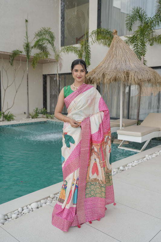 Cashew Pink Tusser Silk Saree