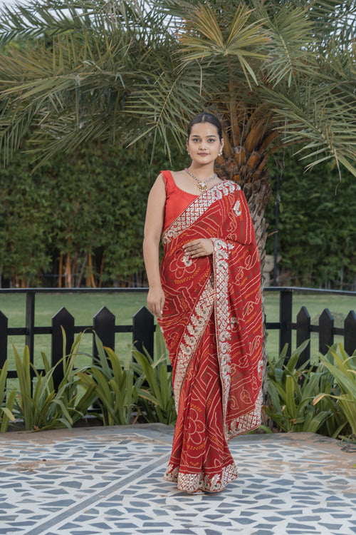 Red Jaipuri Bandhni Saree