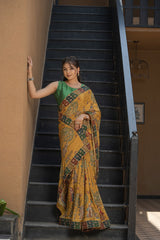 Mustard Italian Silk Saree with Katha Work