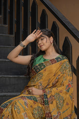 Mustard Italian Silk Saree with Katha Work
