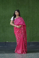 Stylish Rani Peach Silk Saree with Gota Pearl Work
