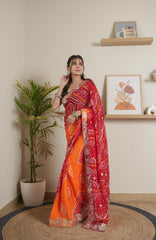 Orange Mustarad Red Chinoon Crape Saree
