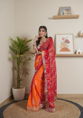 Orange Mustarad Red Chinoon Crape Saree