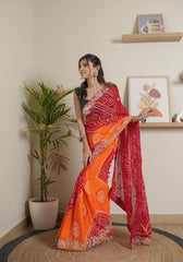 Orange Mustarad Red Chinoon Crape Saree