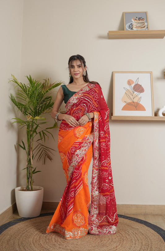 Orange Mustarad Red Chinoon Crape Saree