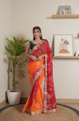 Orange Mustarad Red Chinoon Crape Saree