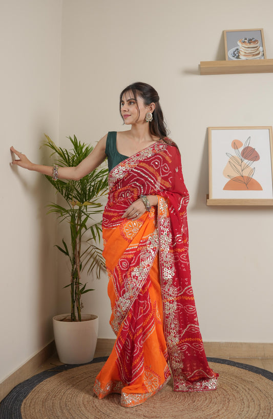 Orange Mustarad Red Chinoon Crape Saree