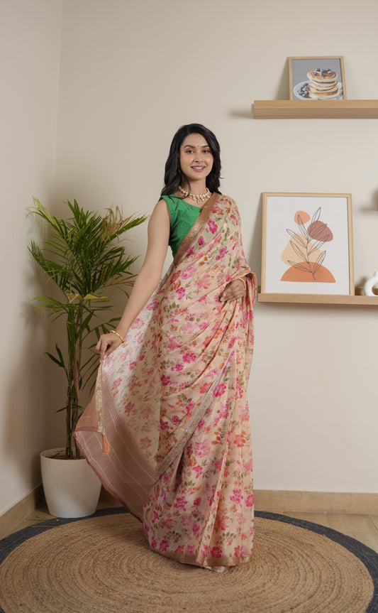 Flower Print Chinoon Crape Saree