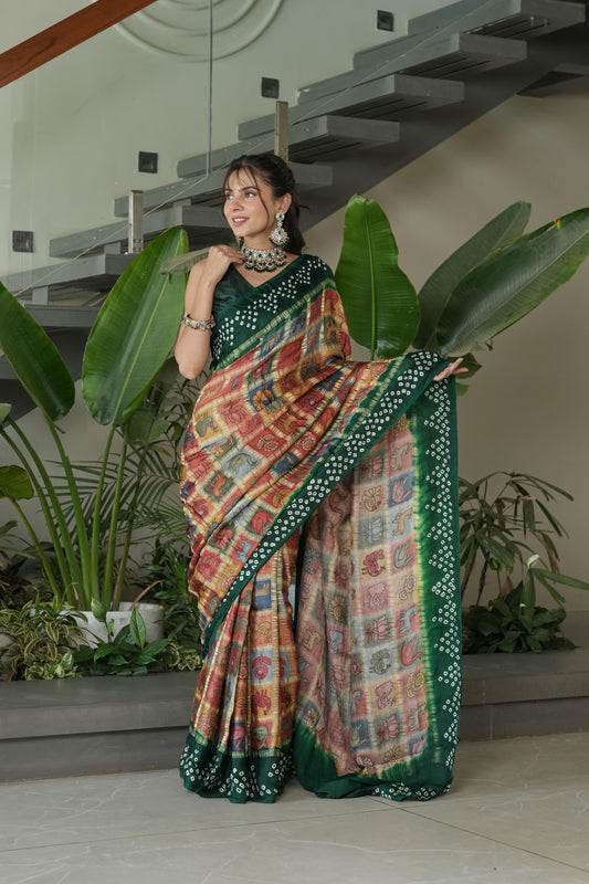 Cheeku with Green Border Gajji Silk Saree