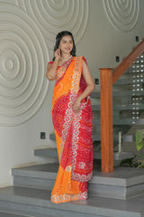 Mustard and Red Crape Silk Saree