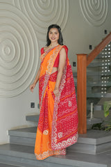 Mustard and Red Crape Silk Saree