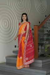 Mustard and Red Crape Silk Saree