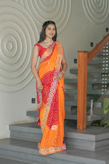 Mustard and Red Crape Silk Saree