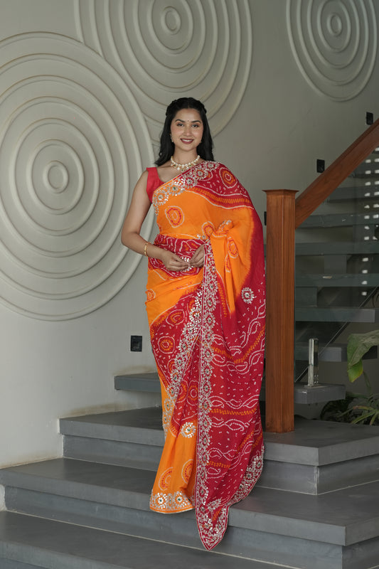 Mustard and Red Crape Silk Saree