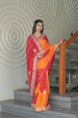 Mustard and Red Crape Silk Saree