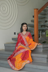 Mustard and Red Crape Silk Saree