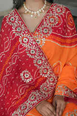 Mustard and Red Crape Silk Saree