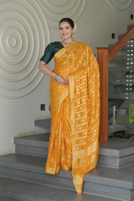 Mustard Georgette Zari Checks Saree
