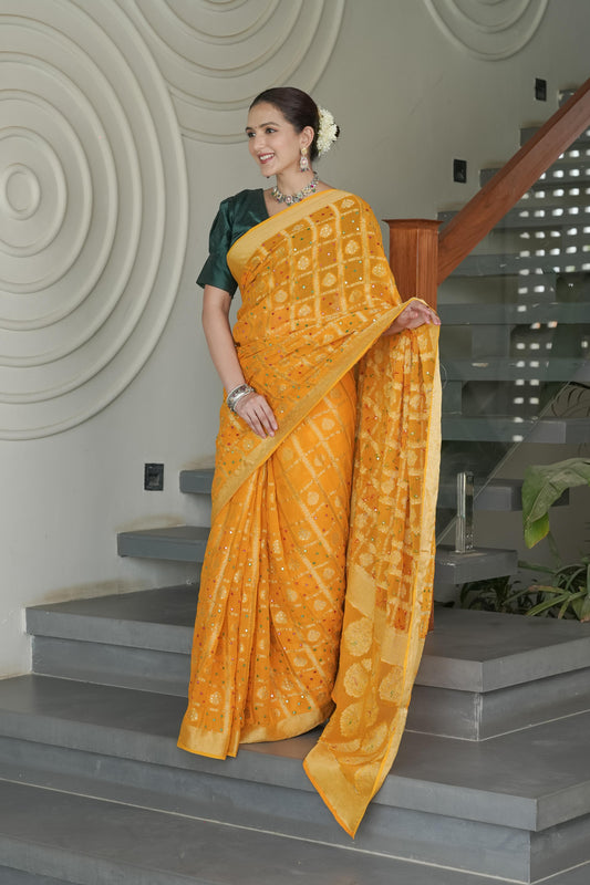 Mustard Georgette Zari Checks Saree
