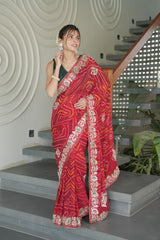 Red Maroon Chinnon Crape Saree