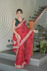 Red Maroon Chinnon Crape Saree