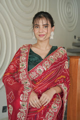 Red Maroon Chinnon Crape Saree