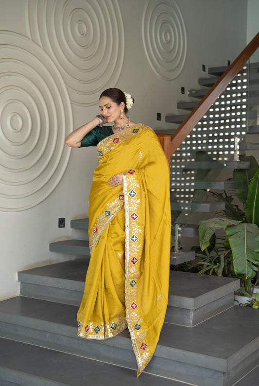 Designer Mustard Upara Silk Saree