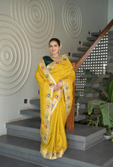 Designer Mustard Upara Silk Saree