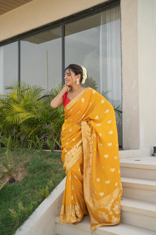 Mustard Upara Silk Saree