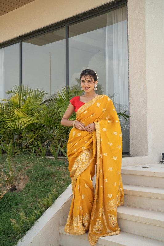 Mustard Upara Silk Saree