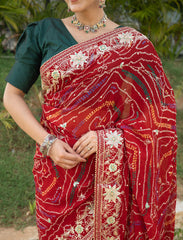 Red Maroon Chinnon Ojaria Saree
