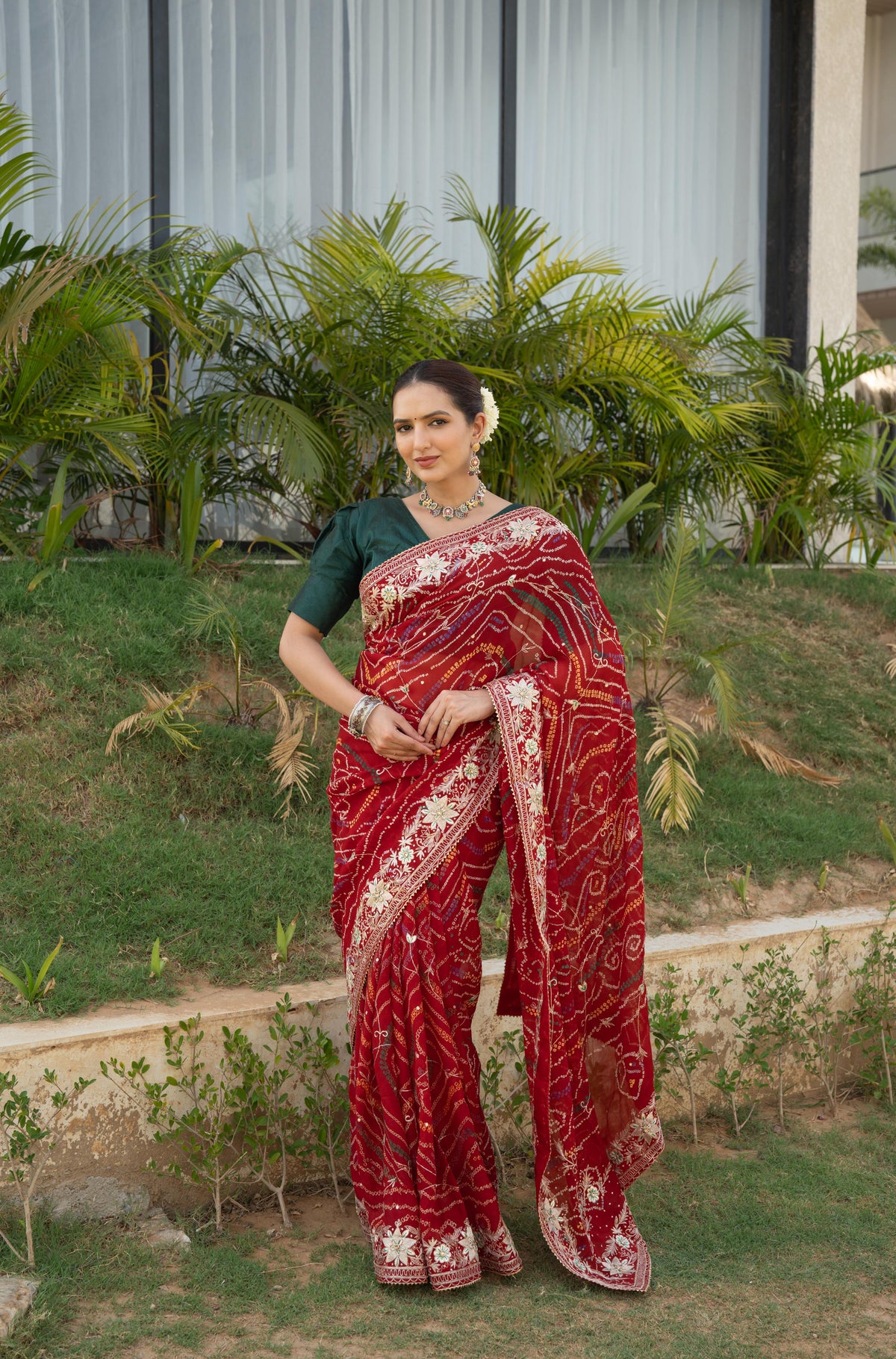 Red Maroon Chinnon Ojaria Saree