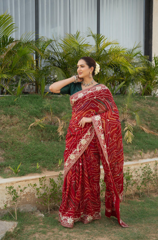 Red Maroon Chinnon Ojaria Saree