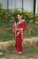 Red Maroon Chinnon Ojaria Saree