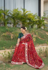 Red Maroon Chinnon Ojaria Saree