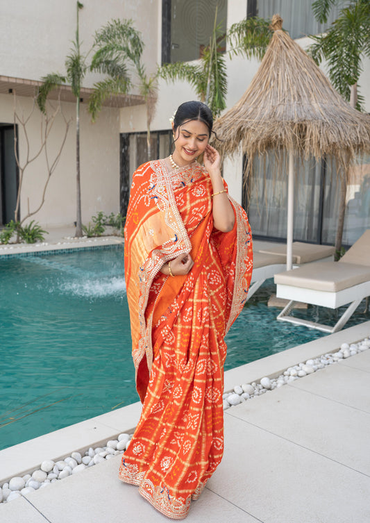 Designer Rust Orange Ghatchola Gajji Silk Saree
