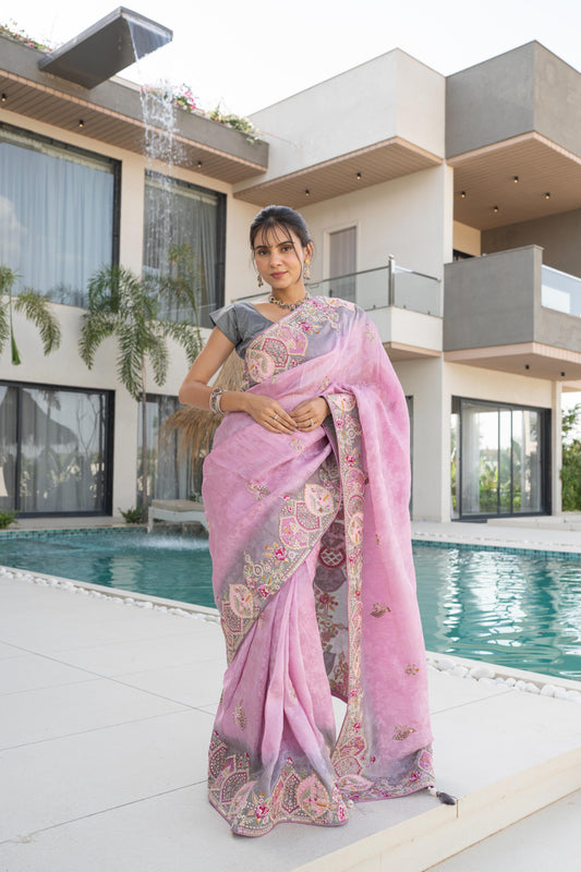 Moof Pink Banarasi Silk Saree