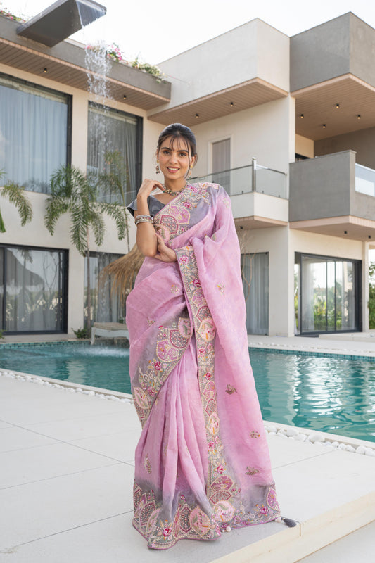 Moof Pink Banarasi Silk Saree