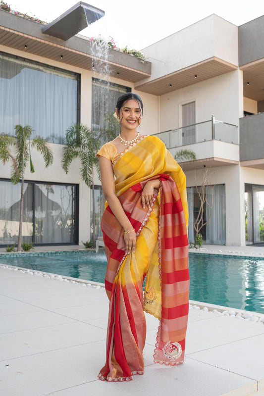 Mustard Red Banarasi HO Silk Saree