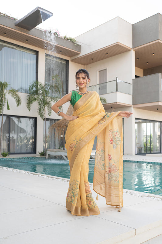 Neon Camel Tissue Silk Saree