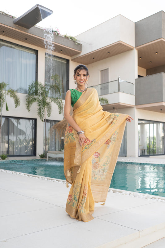Neon Camel Tissue Silk Saree