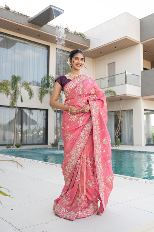 Mauf Pink Banarasi Tissue Silk Saree