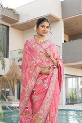 Mauf Pink Banarasi Tissue Silk Saree