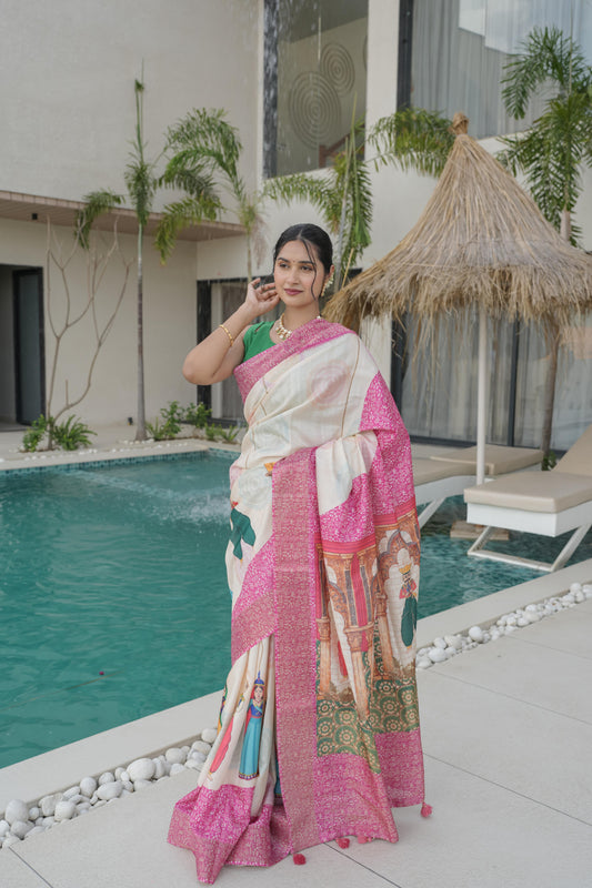 Cashew Pink Tusser Silk Saree