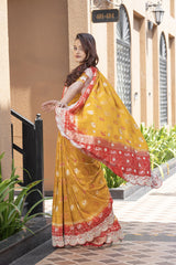 Mustard Red Banarsi Silk Saree
